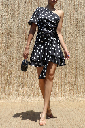 DD8482, Polka Dot One Shoulder Ruffled Satin Mini Dress