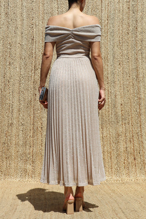 DD7615, Off Shoulder Lurex Midi Dress