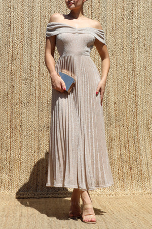 DD7615, Off Shoulder Lurex Midi Dress