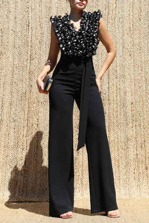 DD8515, Polka Dot V Neck Ruffled Top Jumpsuit