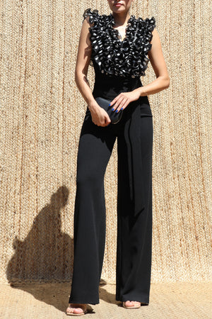DD8515, Polka Dot V Neck Ruffled Top Jumpsuit