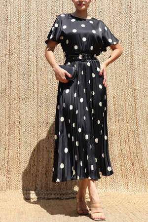 DD8524, Polka Dot Belted Satin Midi Dress