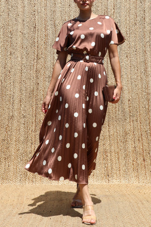 DD8524, Polka Dot Belted Satin Midi Dress