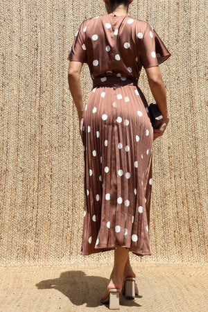 DD8524, Polka Dot Belted Satin Midi Dress