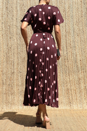 DD8524, Polka Dot Belted Satin Midi Dress