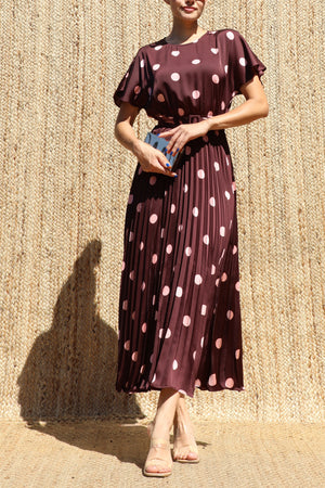 DD8524, Polka Dot Belted Satin Midi Dress