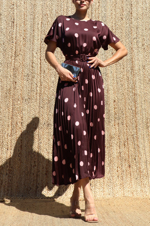 DD8524, Polka Dot Belted Satin Midi Dress