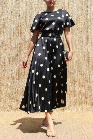 DD8524, Polka Dot Belted Satin Midi Dress