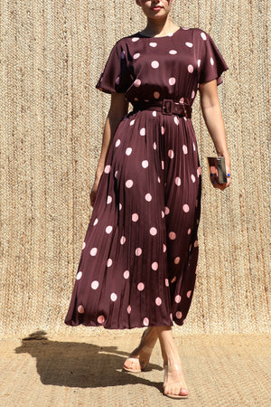 DD8524, Polka Dot Belted Satin Midi Dress