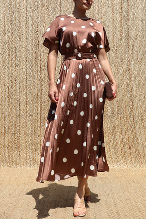 DD8524, Polka Dot Belted Satin Midi Dress