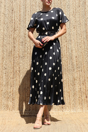 DD8524, Polka Dot Belted Satin Midi Dress