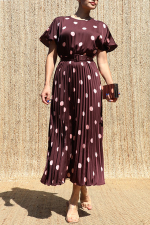 DD8524, Polka Dot Belted Satin Midi Dress