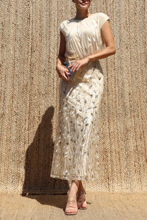 DD8610, Sequin Embroidered Ruched Neck Midi Dress