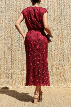 DD8610, Sequin Embroidered Ruched Neck Midi Dress