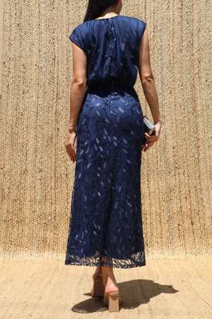 DD8610, Sequin Embroidered Ruched Neck Midi Dress