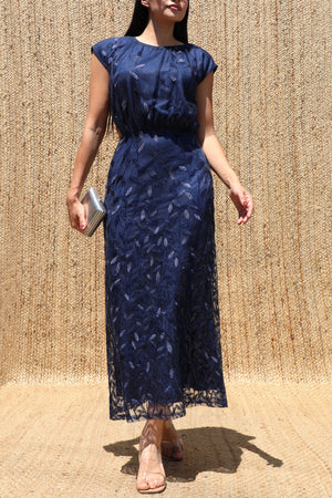 DD8610, Sequin Embroidered Ruched Neck Midi Dress