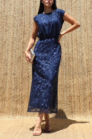 DD8610, Sequin Embroidered Ruched Neck Midi Dress