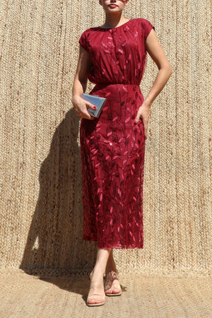 DD8610, Sequin Embroidered Ruched Neck Midi Dress