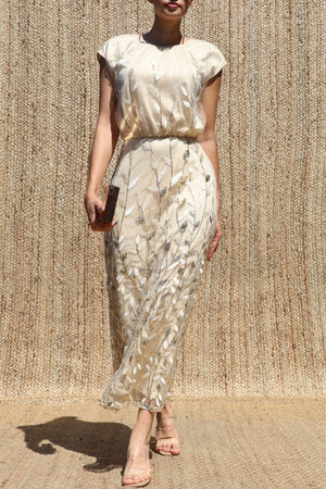DD8610, Sequin Embroidered Ruched Neck Midi Dress