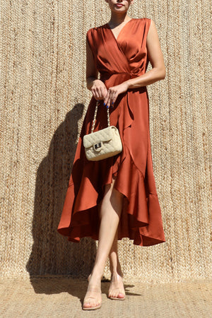 DD8605, Ruffled Satin Midi Dress