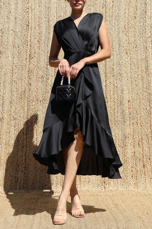 DD8605, Ruffled Satin Midi Dress