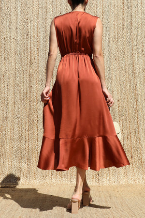 DD8605, Ruffled Satin Midi Dress
