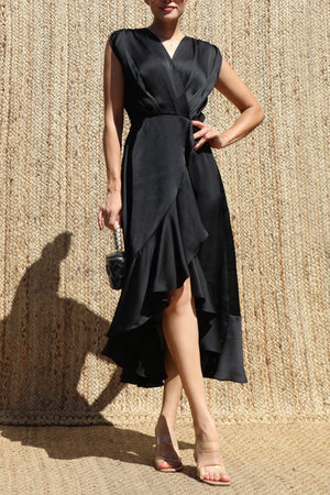 DD8605, Ruffled Satin Midi Dress