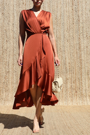 DD8605, Ruffled Satin Midi Dress