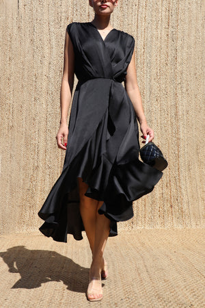 DD8605, Ruffled Satin Midi Dress
