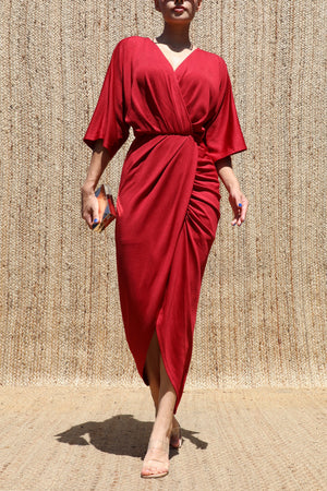 DD8637, V Neck Knit Ruched Midi Dress