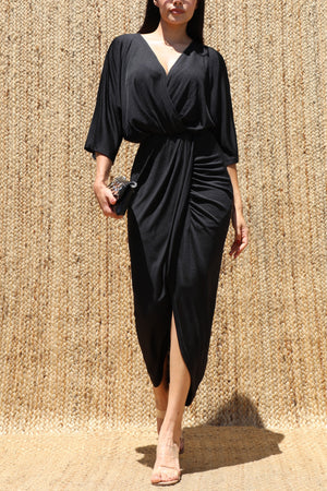 DD8637, V Neck Knit Ruched Midi Dress