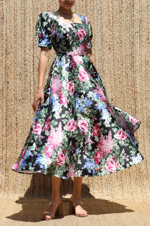 DD8565, Floral Printed Square Neck Midi Dress