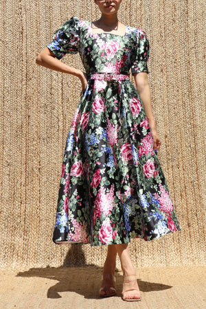 DD8565, Floral Printed Square Neck Midi Dress