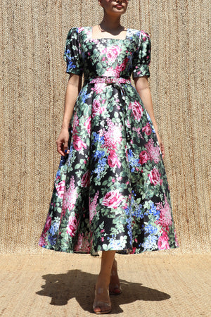 DD8565, Floral Printed Square Neck Midi Dress