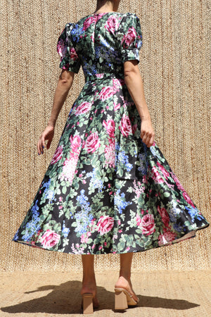 DD8565, Floral Printed Square Neck Midi Dress