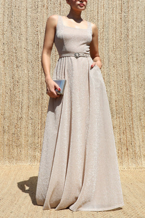 DD8631, Lurex Square Neck Maxi Dress