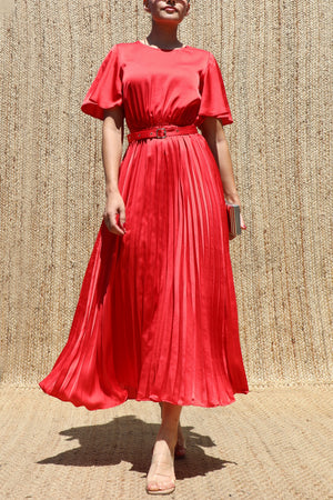 DD8607, Pleated Satin Midi Dress