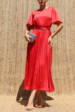 DD8607, Pleated Satin Midi Dress