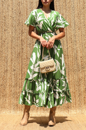 DD8398, Printed V Neck Midi Dress