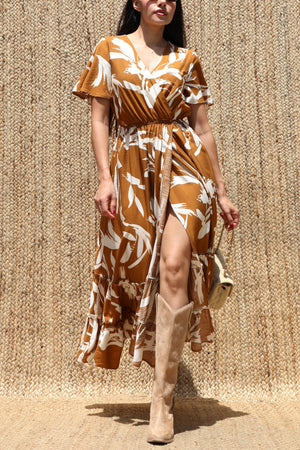 DD8398, Printed V Neck Midi Dress