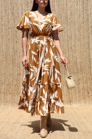 DD8398, Printed V Neck Midi Dress