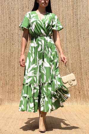 DD8398, Printed V Neck Midi Dress