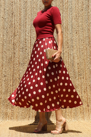 DD8540, Sweater Top Polka Dot Satin Midi Dress