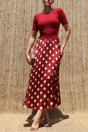 DD8540, Sweater Top Polka Dot Satin Midi Dress