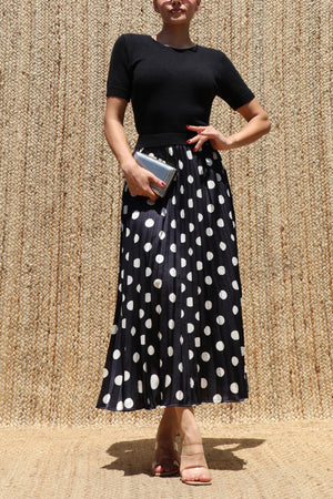 DD8540, Sweater Top Polka Dot Satin Midi Dress