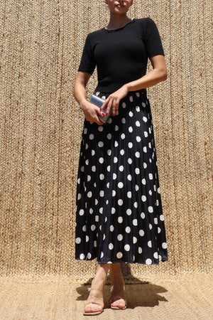 DD8540, Sweater Top Polka Dot Satin Midi Dress