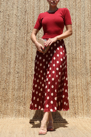 DD8540, Sweater Top Polka Dot Satin Midi Dress