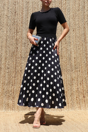 DD8540, Sweater Top Polka Dot Satin Midi Dress