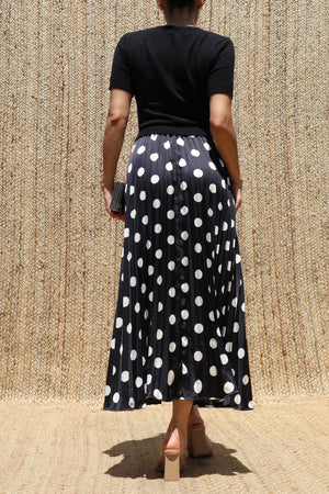 DD8540, Sweater Top Polka Dot Satin Midi Dress