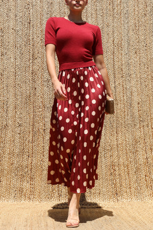 DD8540, Sweater Top Polka Dot Satin Midi Dress